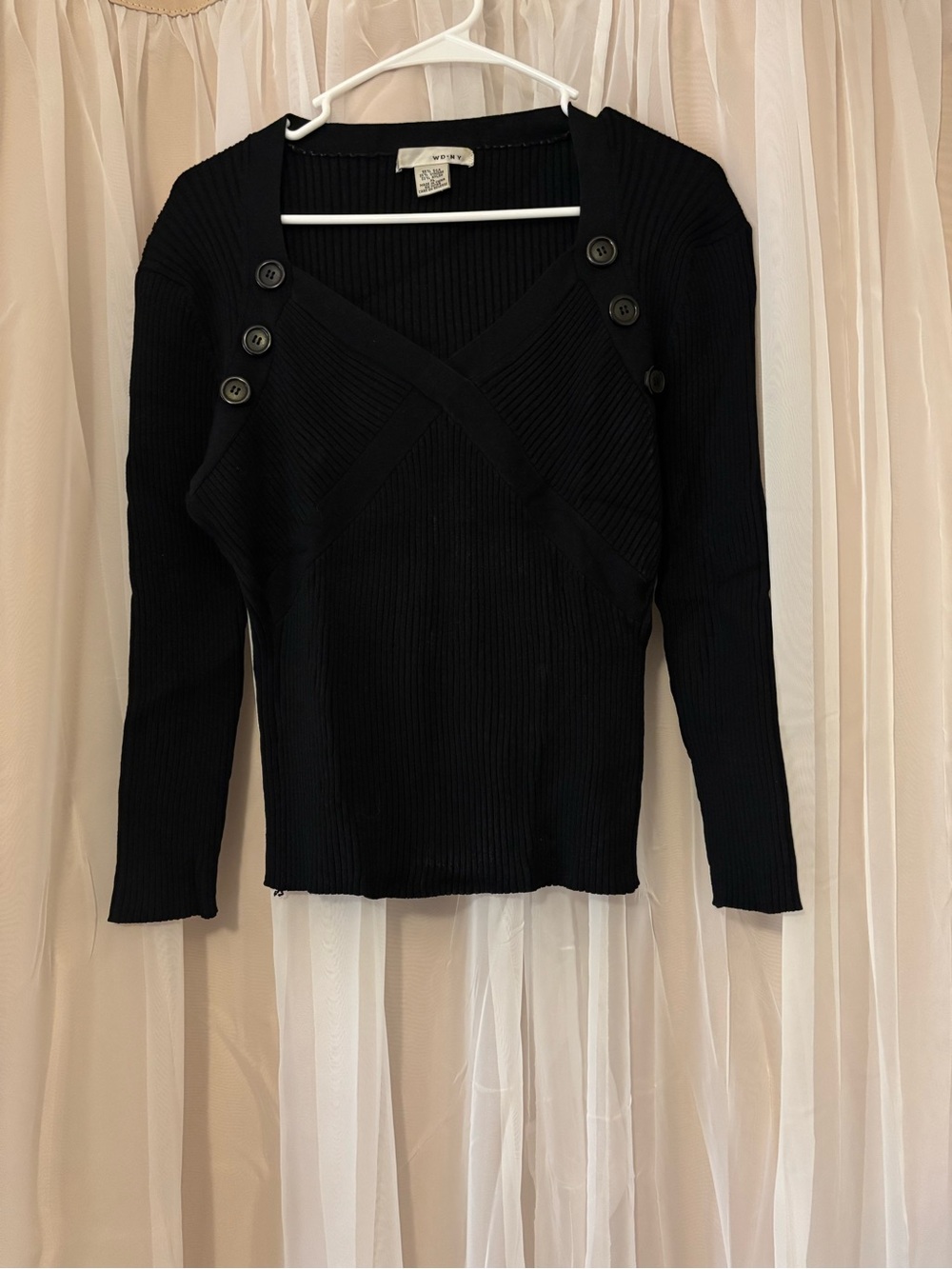 Vintage Y2K WD.NY Size XL Black Ribbed Long Sleeve Top Buttons Cropped Silk Blen